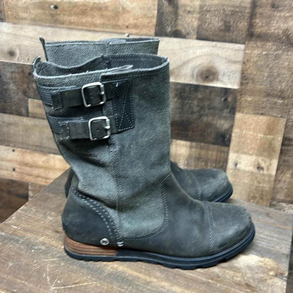 Sorel Women Boots Major Moto Buckle Pull On‎ NL2166 028 Leather Gray Sz 6.5